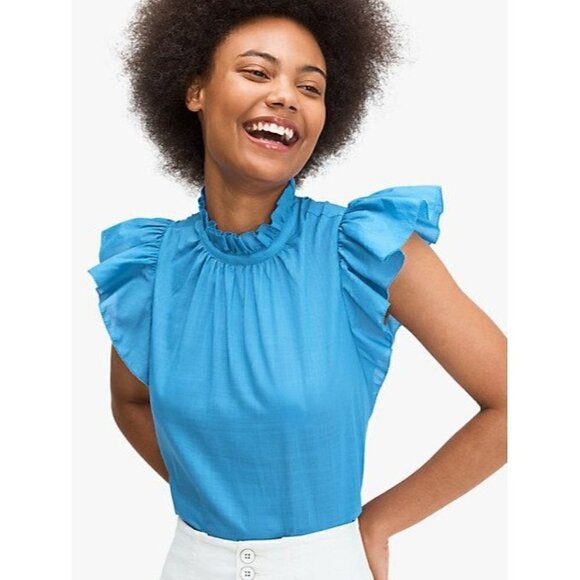 NWT Kate Spade Solid High-Neck Top Ruffle Top Blue XXS - Picture 1 of 7